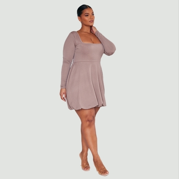 PLT Stretchy Long Sleeve Square Neck Puffy Hem Mini Dress Taupe - sz 12 - Picture 2 of 10